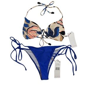 Red Carter Bikini Moonstone Triangle Top & Voyage Blue Tie Side Bottoms Small